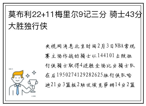莫布利22+11梅里尔9记三分 骑士43分大胜独行侠